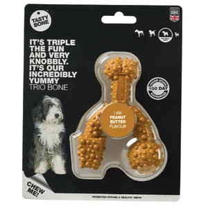 Tasty Bone Super Tough Trio Bone Peanut Butter - Small Dogs  TastyBone peanut butter bone, tough dog chew toy, nylon dog toy, strong chewer dog toy, peanut butter dog chew, durable chew toy for dogs, dental chew toy, peanut butter flavour dog toy, textured nylon bone, safe chew toy, TastyBone Trio Bone, dog toy mad