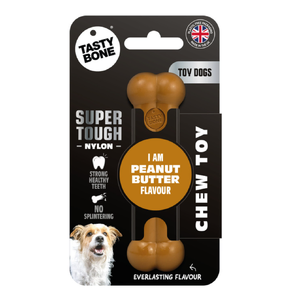 Tasty Bone Super Tough Peanut Butter Bone - Toy Dogs TastyBone peanut butter bone, tough dog chew toy, nylon dog bone, peanut butter dog toy, durable dog chew, TastyBone super tough, power chewer dog toy, UK made dog toy, dog dental chew, non-splintering chew toy, peanut butter chew toy for dogs