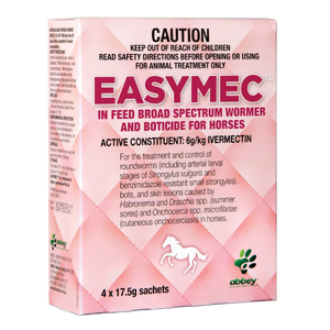 EASYMEC™ In-Feed Broad Spectrum Wormer and Boticide for Horses horse wormer, equine wormer, ivermectin horse wormer, boticide for horses, broad spectrum horse wormer, horse dewormer, parasite control for horses, summer sores treatment, ivermectin for horses, equine parasite treatment, bot treatment for horses, strong
