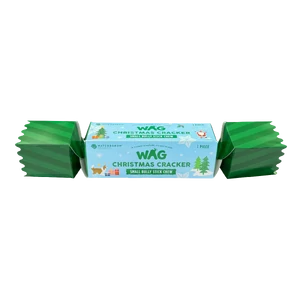 WAG Christmas Cracker for Dogs – Small Bully Stick Treat wag christmas cracker, bully stick christmas treat, dog christmas cracker, beef pizzle chew, festive dog chew, small dog bully stick, natural dog treat xmas