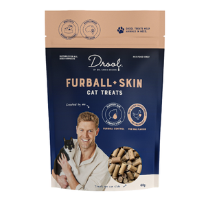 Drool By Dr Chris Brown Furball + Skin Cat Treat 60g drool cat treats, dr chris brown treats, dr chris brown cat treats, furball treats, fur ball treats, hairball treats, hair ball control, cat hairball remedy, cat furball remedy, slippery elm cat, slipppery elm, omega 3 cat treats, green banana flour cat, 