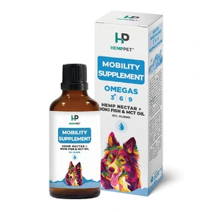 Hemp Pet Mobility Support 100mL hemp pet mobility, dog joint oil, natural dog mobility support, senior dog joint supplement, omega blend dogs, hemp oil joint support dogs, hip and joint oil dogs, anti inflammatory oil dogs