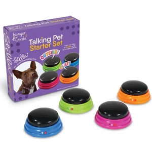 Hunger For Words Talking Pet Starter Set dog talking buttons, talking dog buttons, dog speech buttons, dog communication buttons, christina hunger, talking pet buttons, recordable buttons for dogs, talking buttons for pets, teach dog to talk, dog sound buttons, pet communication kit, dog talk ki