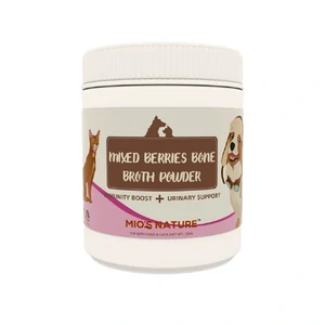 Mios Nature Mixed Berries Bone Broth Powder 120g mixed berries bone broth for dogs, mixed berries bone broth for cats, beef bone broth with berries, antioxidant supplement for pets, collagen powder for dogs, collagen powder for cats, urinary tract support pets, joint support dogs, joint care cats, brain