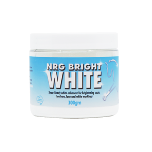 NRG Bright White Powder 300g nrg bright white, horse sock whitening powder, natural horse whitener, white socks horse, show grooming horse powder, horse feather whitener, australian horse grooming products, zinc whitening powder horses
