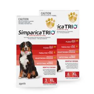 Simparica Trio for XLarge Dogs 40.1 - 60kg Red Simparica Trio Extra Large Dogs, Simparica Red Pack, flea and tick chew for extra large dogs, heartworm prevention for big dogs, worming treatment for large dogs, Simparica for 40-60kg dogs, monthly dog parasite chew, all-in-one dog parasite protection, S