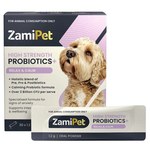 ZamiPet High Strength Probiotics+ Relax & Calm for Dogs 30pk dog probiotics for anxiety, calming probiotics for dogs, ZamiPet Relax and Calm, dog anxiety supplement, gut-brain axis support, dog stress relief supplement, probiotic sachets for dogs, mood support for dogs, probiotic for separation anxiety, canine beha