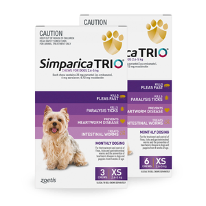 Simparica Trio for XSmall Dogs - 2.6 - 5kg Purple Simparica Trio Purple Pack, Simparica Trio 2.6–5kg, Simparica for small dogs, small dog flea treatment, heartworm prevention 2.6kg dog, worming chew for small dogs, all-in-one parasite chew for dogs, Simparica Trio for puppies, flea tick and worm protecti